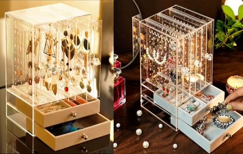 Image of SIBY Acrylic Transparent Earring Organizer | Clear Jewelry Storage Box for Earrings, Necklaces & Rings | Dustproof Jewelry Display Stand with 2 Removable Drawers (1Pc, Transparent)