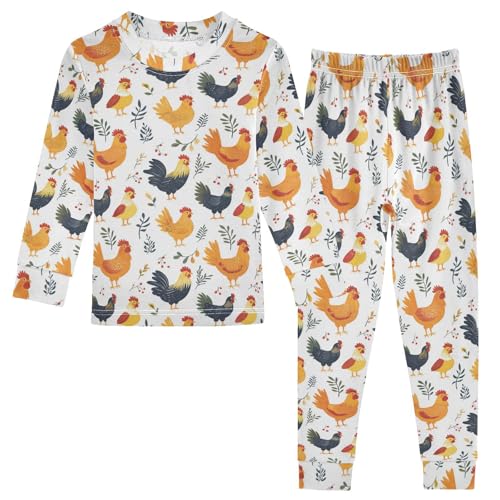 Pajama Sets Long Sleeve Chicken Pattern with Leaves Soft Comfy Sleepwear 2 Piece PJS 3-8T