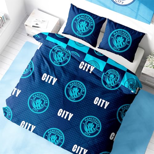 Character World Manchester City Double Duvet Cover Set, Iconic Design | Blue Reversible 2 Sided Football Bedding Cover Official Merchandise Including Matching Pillow Cases