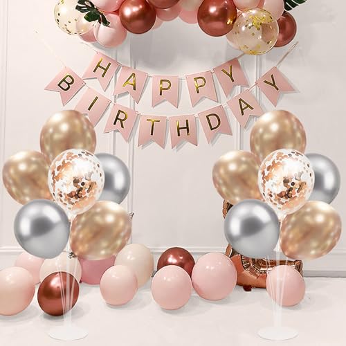 Image of 4 Set Balloon Stand with Champagne Silver Balloons and Pump | For Birthday Bridal Shower Wedding Engagement Anniversary Retirement Mother's Day New Years Party Supplies