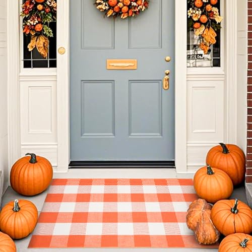 Fall Cotton Orange and White Plaid Rug - 27.5 x 43 Inches, Hand-Woven Indoor/Outdoor Layered Cotton Blend Buffalo Plaid Rug, Washable Front Door Mat, Perfect for Porch, Living Room, Entryway