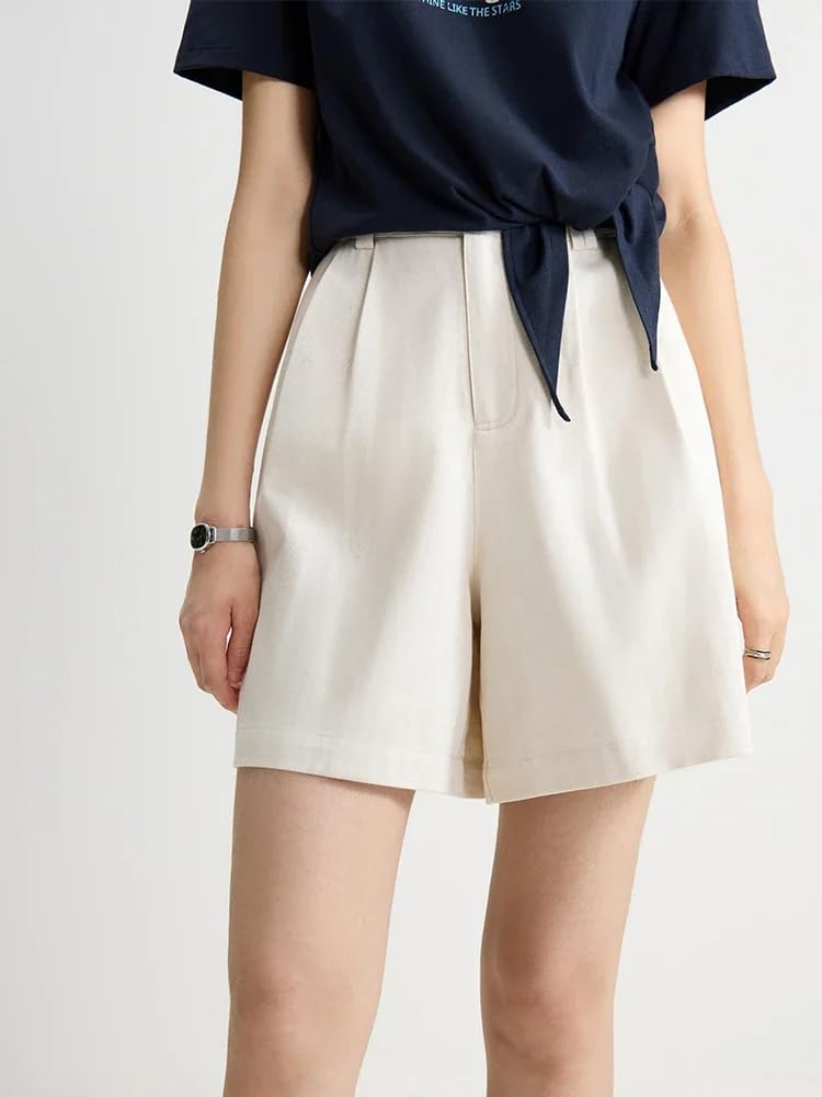 Pantalones cortos casuales de verano para mujer, cintura alta, elásticos, para la oficina, beige, L