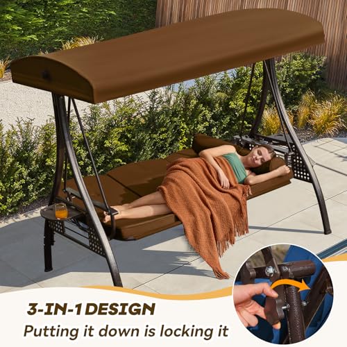 Image of 3 in 1 Outdoor Porch Swing with Adjustable Canopy, 3 Seat Outdoor Swing for Adults, Patio Swing Chair with Thickened Cushions,Pillows & Cup Holders for Backyard, Porch, Garden (Brown)