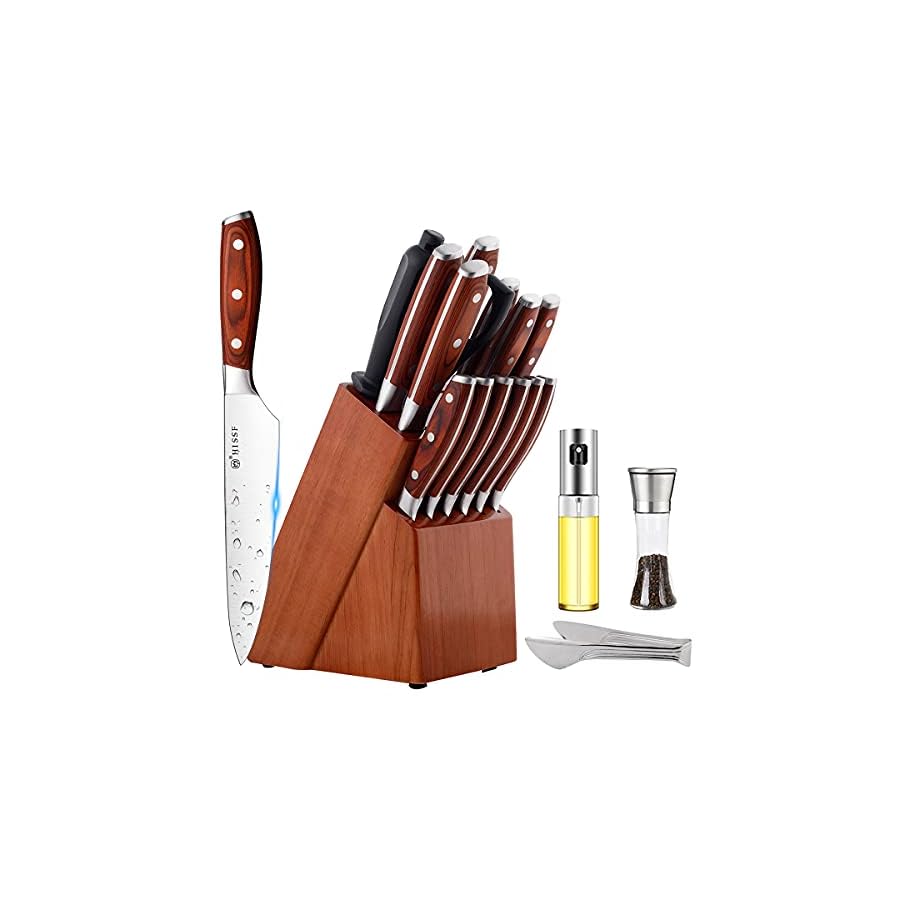 HISSF Kitchen Knife Set 18 Piece German High Carbon Stainless Steel Kitchen Knife Sets with Wooden Block, Full Tang Triple Rivet kitchen Knife Block Set for Gift, Chef Knife Set