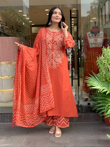 Image of GoSriKi Kurta Sets for Women Rayon Viscose Bandhani Printed | Kurti Set for Woman | Kurta Pant Dupatta Set | Straight Kurti | Round Neck 3 /4 Sleeve Suit Set for Women Stylish Ethnic Outfit