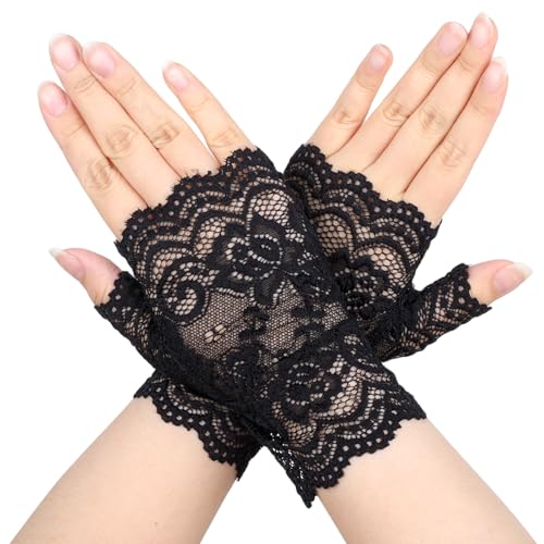Yuomeaz Short Black Lace Fingerless Gloves for Women 1920s Black Lace Fingerless Gloves for Masquerade Halloween Wedding Banquet Tea Party Cosplay