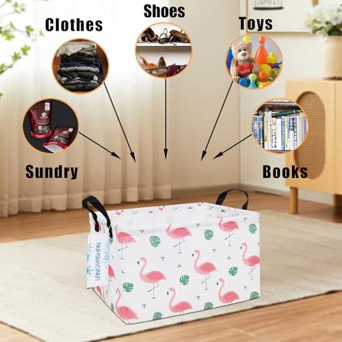 Image of Rectangular Storage Bin Collapse Canvas Fabric Cartoon Storage Basket with Handles for Organizing Home Kitchen Boys and Girls Toys Office Closet Shelf Baskets(Rec Leaf Flamingo)