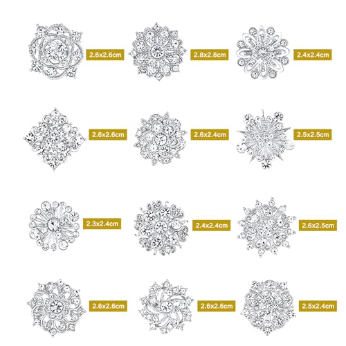 Image of 12Pcs Rhinestone Flower Brooch Pins Set Crystal Rhinestone Brooches for Women Silver Brooch Pins Decorative Pins Fashion Jewelry Pins for Women DIY Bridal Wedding Bouquet