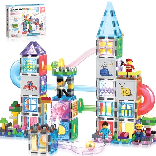 PicassoTiles 650PCS Marble Run Magnetic Tiles and Brick Combo Magnet Tile Building Blocks Toy Set with Character Action Figures Educational STEM Learning Preschool Playset Toddlers Kids Ages 3+ PB650