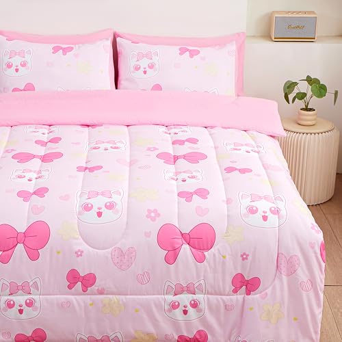 Image of Cartoon Bedding Set - Super Soft Microfiber Twin Size 5 Piece Pink Bow Kitten Comforter Set with Sheets, Pillowcase & Sham for Girls, Bed in a Bag (Pink Cute Bow Cat, 5 Piece Twin Size)