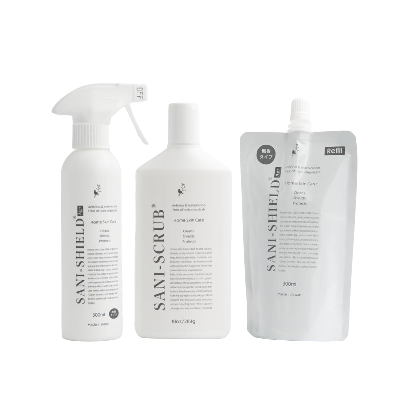 SANI-SHIELD サニーシールドAg+ 除菌スプレー トリガー1本(300ml)＋詰替1袋(300ml)＋スクラブ1本(284ml) 無香料 クリーナー 中性 抗菌コーティング ウィルス 花粉 消臭 防カビ お掃除 洗浄 撥水 艶 ツヤ 手に優しい 古堅純子 銀イオン ペット臭 日本製