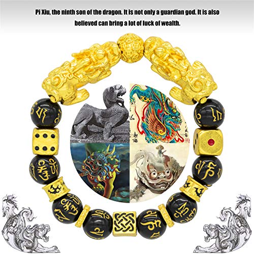 ZenBless Feng Shui Bracelet Prosperity Double Pi Xiu/Pi Yao Black Mantra Bead Bracelet with Golden Dice Attract Wealth and Good Luck3