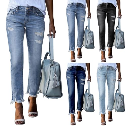 High Waisted Jeans for Women Distressed Ripped Raw Hem Straight Leg Denim Pants Stretch Butt Lifting Crop Petite Jeans