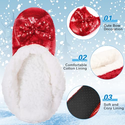 3 Pairs Women Ballerina Sequin Slippers, Glitter Christmas Winter Ruby Red Slippers Holiday Gift for Women3