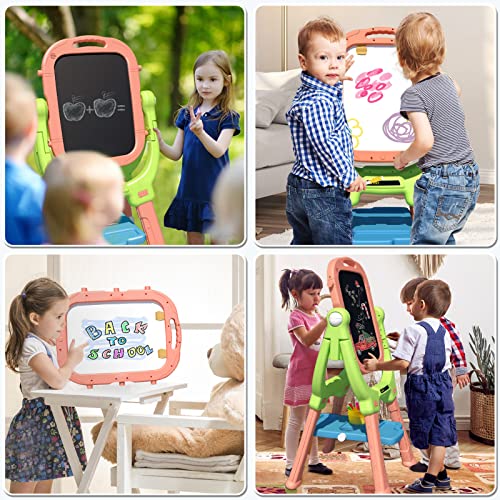 Weudear Kids Easel, Kids Toys Rotatable Double Sided Chalk Board Adjustable Height Standing Toddler Easel With 79Pcs Accessories Art Set, Pink #TOP6