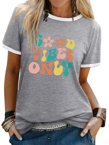Dresswel Women Good Vibes T-Shirt Flower Graphic Print Tee Shirts Summer Tops(Grey,XL)