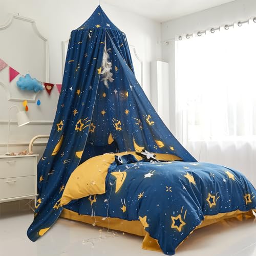 Ytuaebni Canopy Bed Curtains for Kids Bed, Blackout Bed Canopy Princess Room Decor, Bright Star Theme Dreamy Mosquito Net Bedding Decoration Bed Canopies & Drapes with Dream Quest Feather Charm
