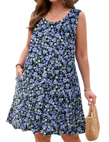 Image of JollieLovin Women Plus Size Curvy Summer Tank Sun Dresses Sleeveless Causal T-Shirt Dress Beach Swing Cover up(L-5X)