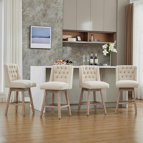 Image of Counter Height Bar Stools Set of 3, 360Swivel Bar Stools with Back and Wood Legs, 28.5 inch Morden Linen Fabric Upholstered Barstools for Kitchen Island Dining Room Bar