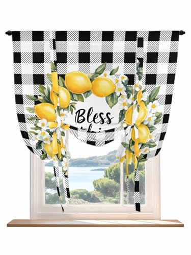 Tie Up Curtains for Windows Summer Lemon Roman Shade 52 x 45 Inch Bathroom Curtains Window Farmhouse Country Black White Check Rod Pocket Short Balloon Curtains for Living Room Kitchen Small Blinds