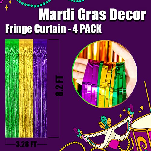 Image of 4 Pack Mardi Gras Foil Fringe Curtain Backdrop, 3.28Ft x 8.2Ft Gold Green Purple Metallic Tinsel Foil Fringe Streamers Curtains for Photo Booth, Wedding, Birthday, Carnival Party Decoration