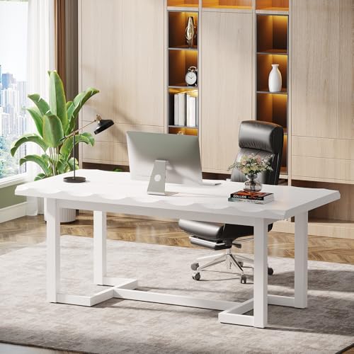 Image of Tribesigns 63 Inches Computer Desk, Rectangular Writing Table with Solid Wood Legs and Thickened Desktop for Work Study, Modern Simple Executive Desk Workstation for Home Office (White)