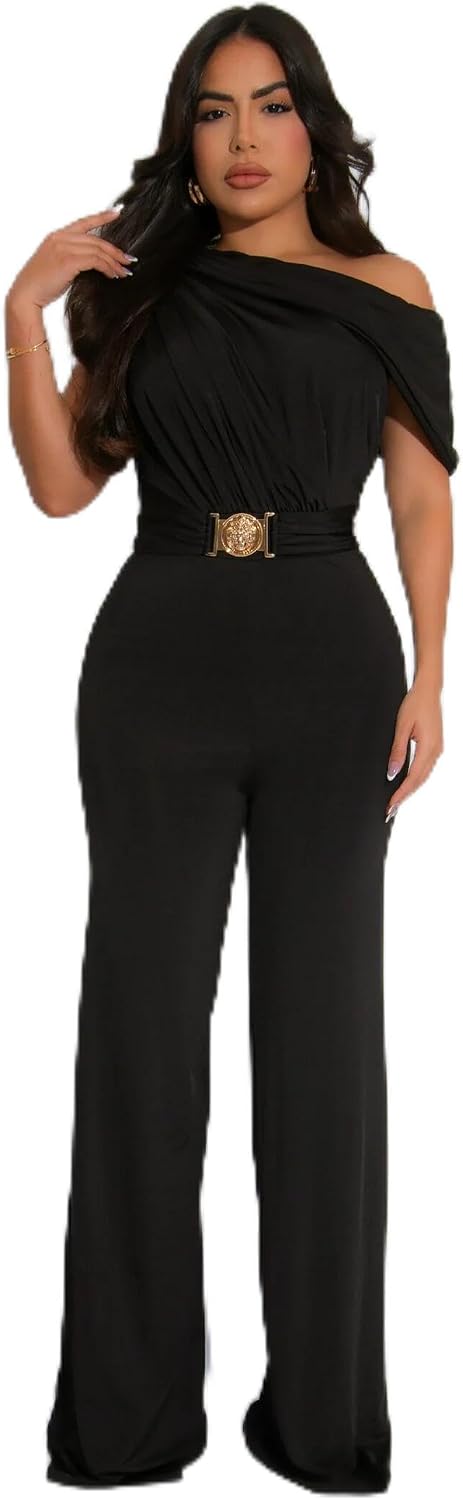 HWP Women's Dressy Jumpsuits Summer Casual Sleeveless Off Shoulder Wide Leg Long Pant Romper