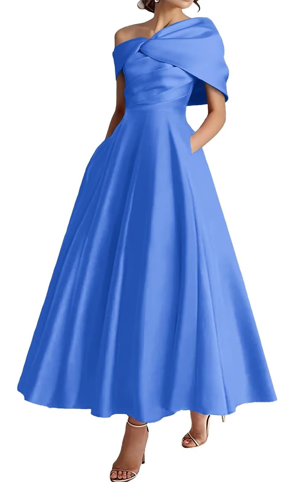 Wseyu Women's Blue One Shoulder Mother Of The Bride Dresses With Pockets Satin Formal Evening Prom Gown Tea Length Zmki328 Uk20