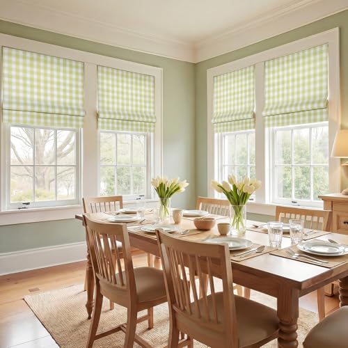 Image of TWOPAGES No Drill Cordless Buffalo Check Roman Shades Roman Blinds for Kitchen Windows, Customized Room Darkening Country Plaid Blinds Farmhouse Shades, Olivine Bordered Plaid, 1 Piece