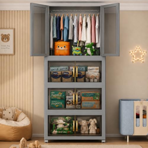 Image of Mevigo 4-Door Plastic Wardrobe for Kids| Almirah and Wardrobe for Baby Clothes| Modular Storage Cabinet with Wheel Organizer for Cupboard Rack for Clothes /Shoes /Books /Toy -Grey-713