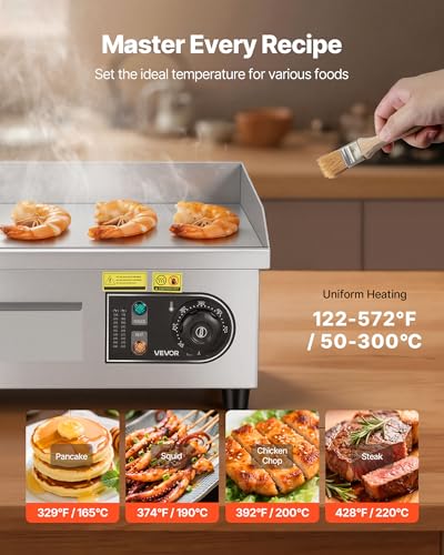 Image of VEVOR Commercial Electric Griddle, 13.98 x 11.81 inch, 1750W, 122-570F Adjustable Temp Control, Stainless Steel Countertop Flat Top Grill with 2 Spatulas and 2 Brushes, for Steak, Pancake, Squid