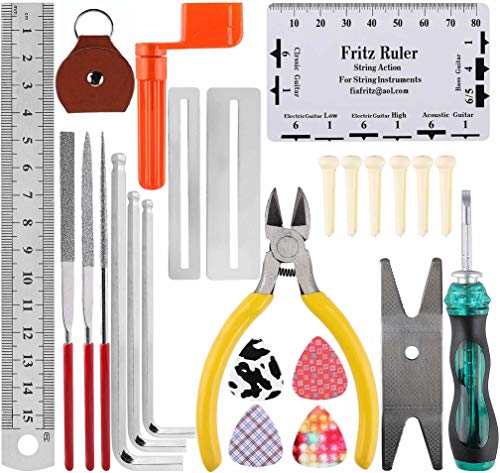 Guitar Repairing Tool Kit(26PCS) Wire Plier,String Organizer,Fingerboard Protector,Hex Wrenches, Files, String Ruler Action Ruler, Spanner Wrench,Bridge Pins for Guitar Ukulele Bass Mandolin (26 PCS) - Thumbnail 4