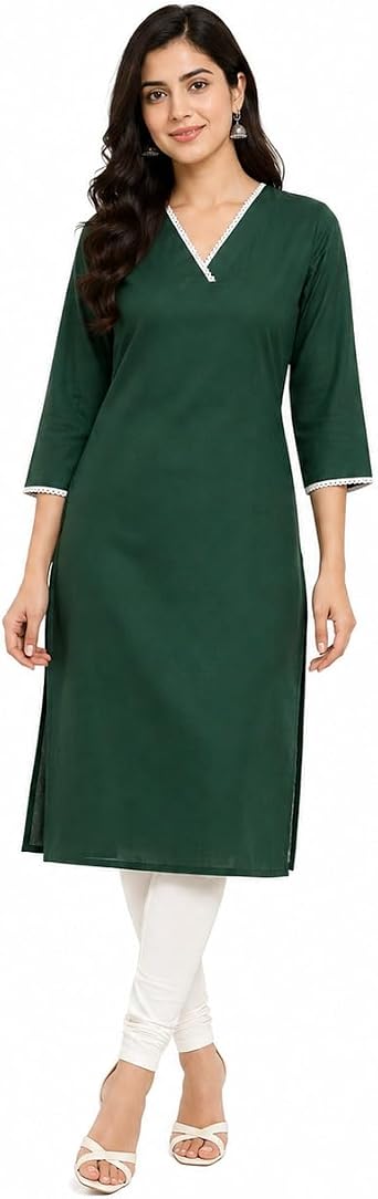 Meyali Women's Cotton Kurti Tunic Top | Straight Fit V Neck Kurta, 3/4 Sleeve Indian Ethnic Top