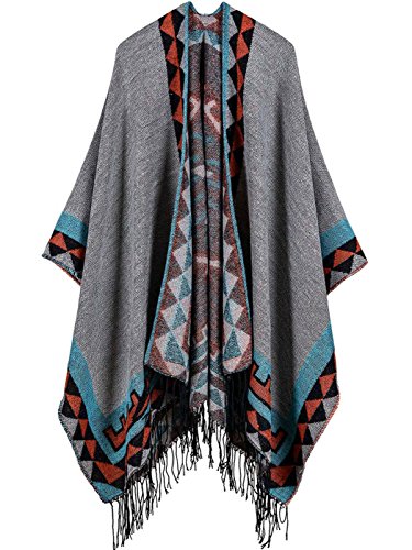 FEOYA Women Retro Gray Tassel Poncho Vintage Shawl Cape Kimono Wrap Coat for Fall and Winter
