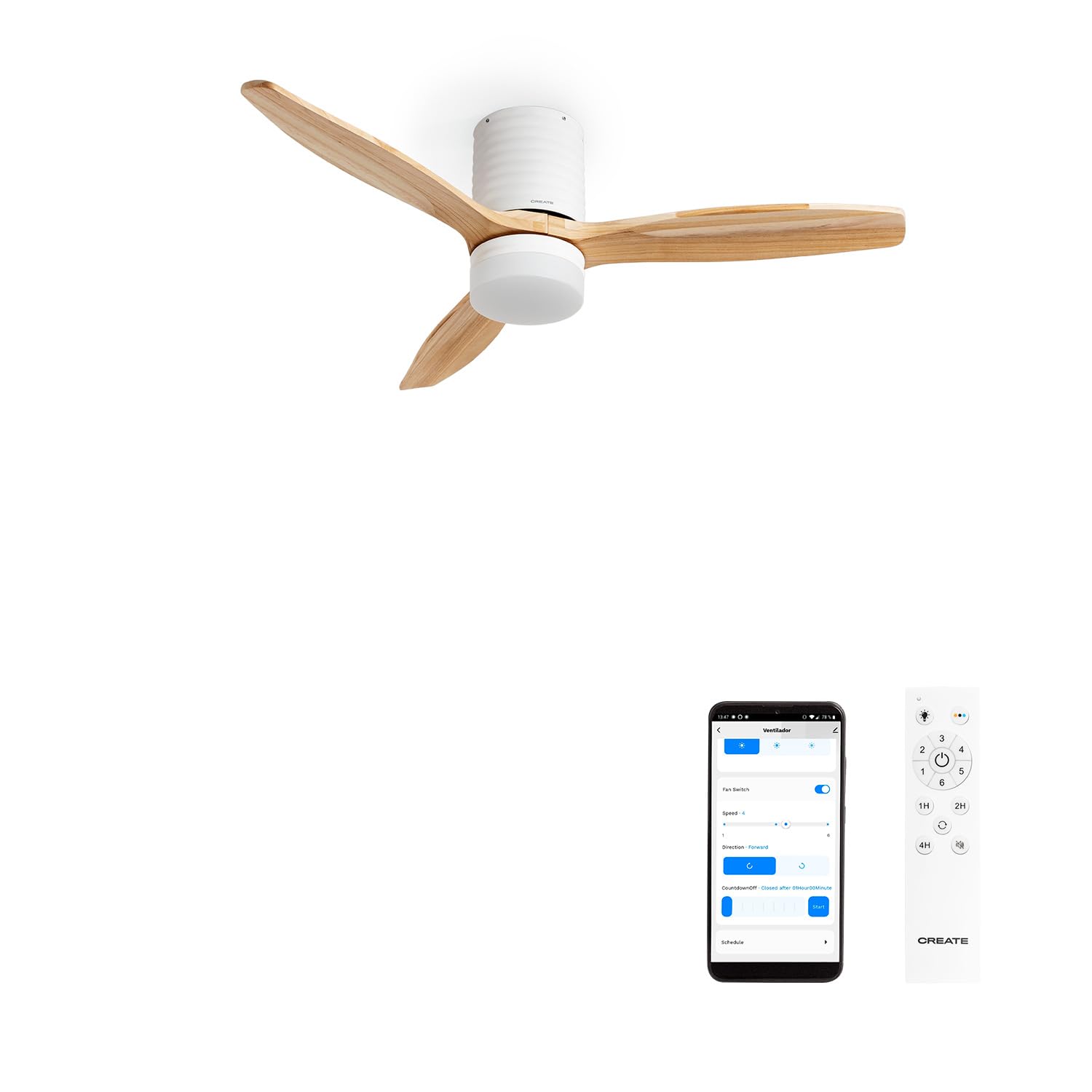 CREATE / WINDCALM LINE/Ventilador de techo con luz blanco madera natural y líneas horizontales con Wifi y mando / 40W, Ø132 cm, 6 velocidades, 3 temperaturas de luz, temporizador, verano-invierno