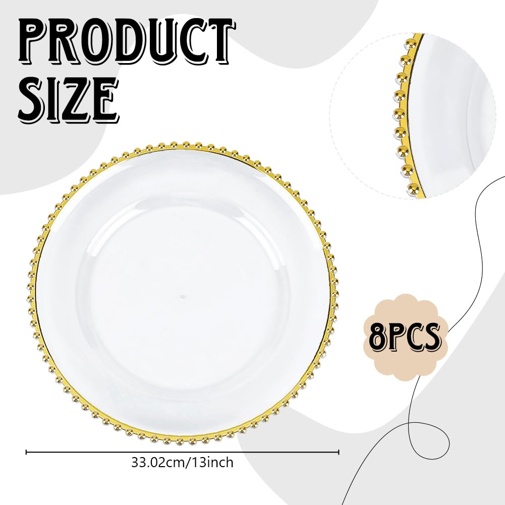 AHANDMAKER 8 placas transparentes y doradas, 33 cm, reutilizables, con borde de perlas doradas, elegantes placas decorativas para cenas, bodas, cumpleaños, fiestas