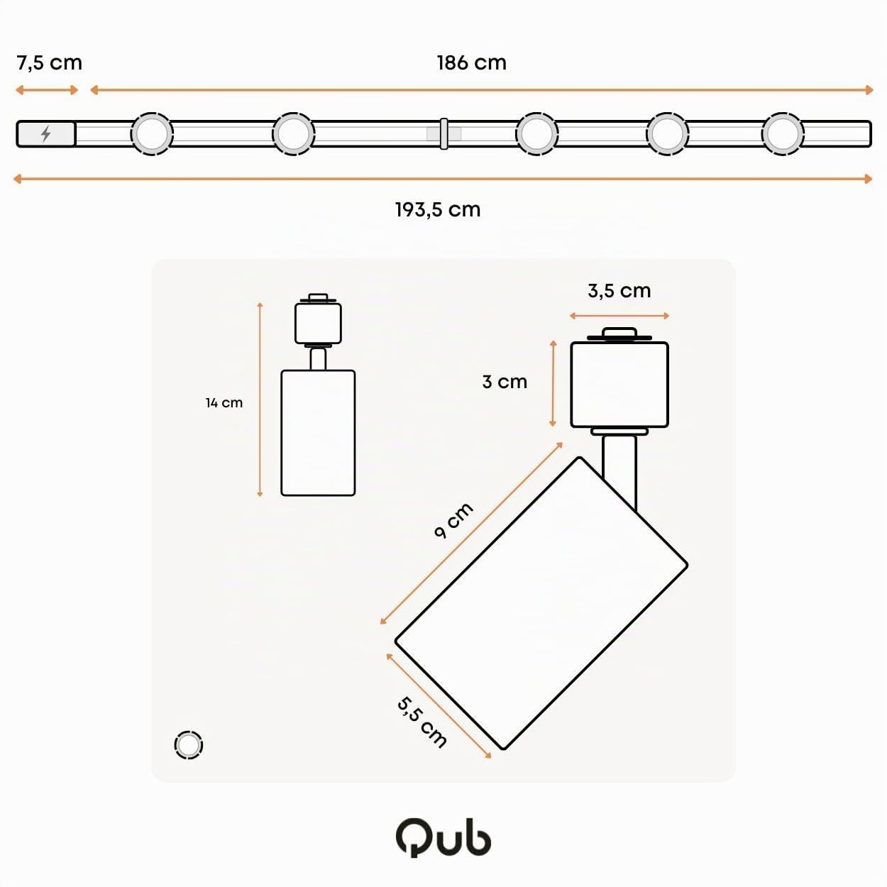 Qub Focus III 1-Phasen Led Schienensystem - 200cm - 5x GU10 Spots Schienensystem lampen - 2x 1m Lichtschienensystem - I-Form - Deckenstrahler Schwarz - Erweiterbar & flexibel - LED-kompatibel
