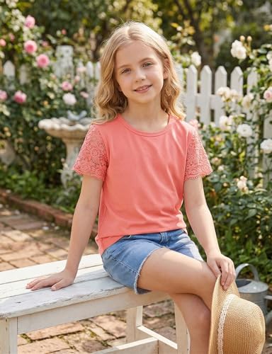 Image of Noomelfish Girls Lace Short Sleeve T-Shirts Kids Summer Cute Tops Blouse(5-12 Years)