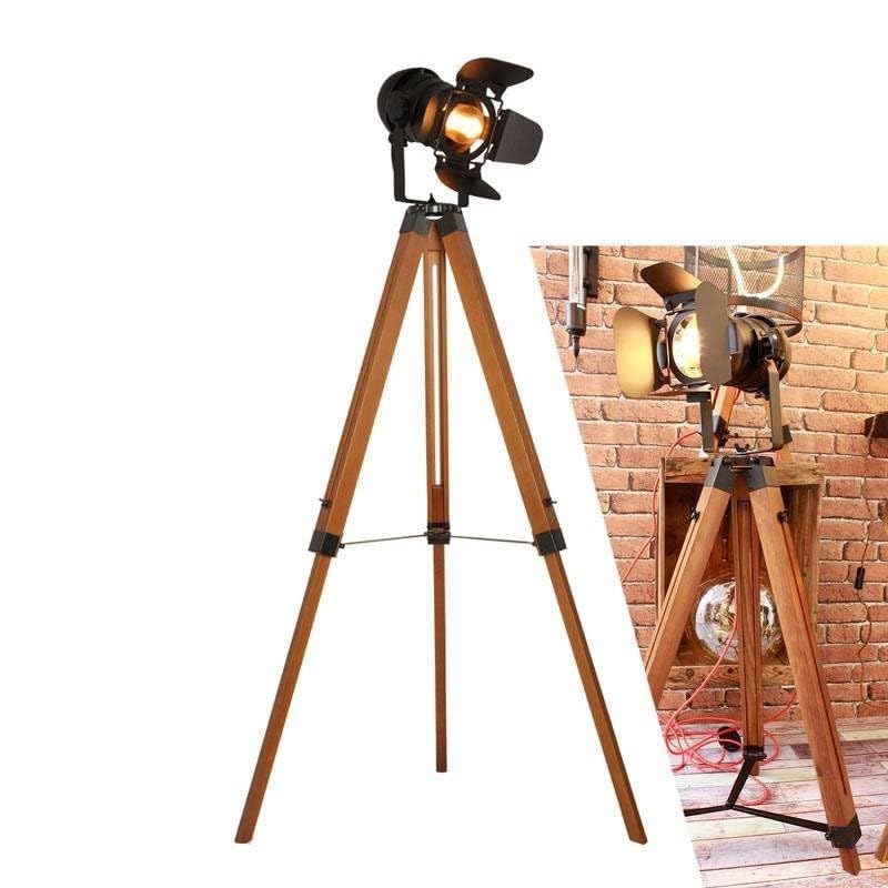 BARCELONA LED Lampe sur pied trépied noire et bois réglable, hauteur ajustable, lumière orientable, style moderne et vintage industriel, idéale pour salon, chambre, bureau, escalier, restaurant