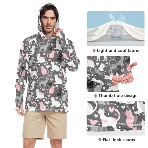 Cartoon Cute Grey White Peach Cats Men's Sun Shirts Hoodies Long Sleeve Adult Rash Guards UPF 50 + Beach Shirt S4
