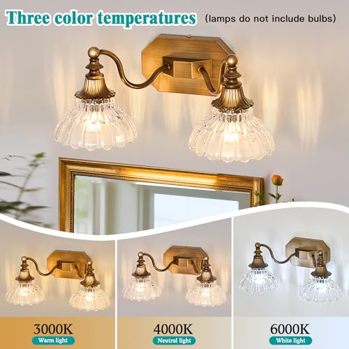 Image of hesoge Vintage Bathroom Light Fixture Antique Brass Vanity Light with Crystal Glass Shade Brushed Gold 2-Light Bathroom Light Over Mirror