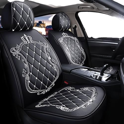 Skysep Crown Full Set Universal Fit 5 Seats Car Surrounded Waterproof Leather Car Seat Covers Protector Adjustable Removable Auto Seat Cushions with 2 Waist Pillows 2 Headrest Pillows (02 Black-White)
