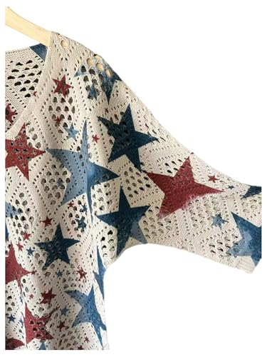 SOLY HUX Women's Star Print Hollow Out Sweater V Neck 3/4 Sleeve Crochet Knit Summer Pullover Tops4