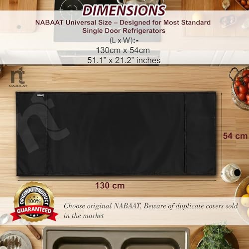 Image of NABAAT Premium Fridge Cover Top for Single Door Refrigerator Kitchen Decor Durable Dustproof Waterproof Modern Design with 6 Side Pockets for Kitchen Accessories - 130 x 54cm (Black)