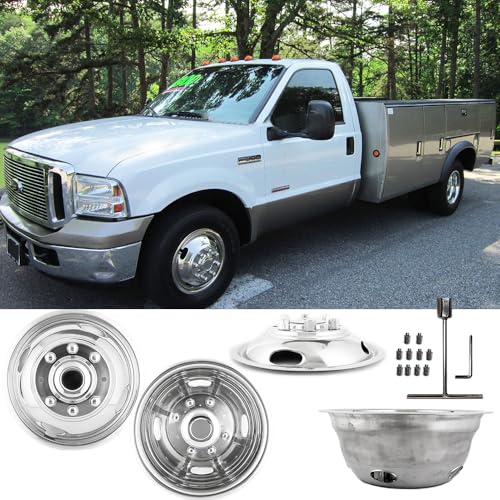 Image of 17 inch Polished Stainless Steel Wheel Simulators Fit for 2005-2025 Ford F350 Dually, 4pcs Nice Looking and Durable Bolt On Wheel Cover, 8 Lug 4 Hand Hole Hubcaps with Installation Tool Kit