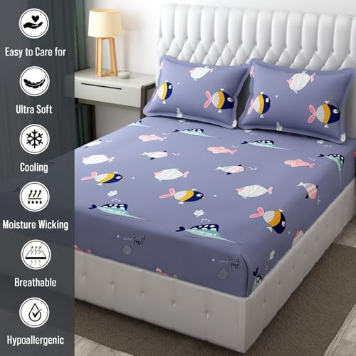 Image of RD FABS Glace Cotton Wrinkle Free Soft Hypoallergenic Bed Sheet | Cartoon Printed Double Bedsheets King Size with 2 Pillow Cover (90x95 Inches /Fish /Blue) 144 TC
