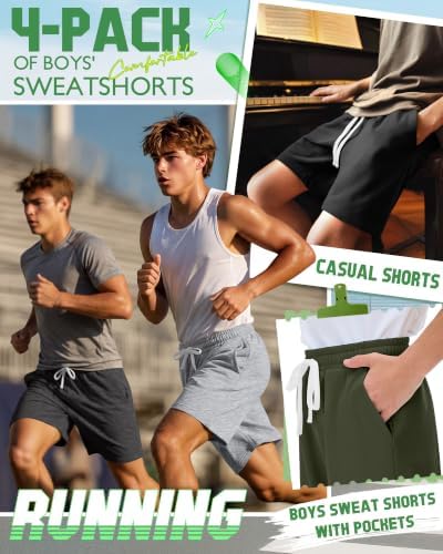 Langyiwee 4 Pack Boys Shorts Athletic Sweat Shorts, 4-Color, 14-16 Y - 2