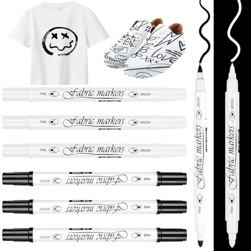 DMNQ 6 Pcs Textilstifte Waschmaschinenfest Schwarz Textilmarker Weiß Textilstifte Waschmaschinenfest Weiß Für Taschen Hütenleinen Und Textilien Und Stein Glas Holz Etc Maschinenwäsche Farbecht