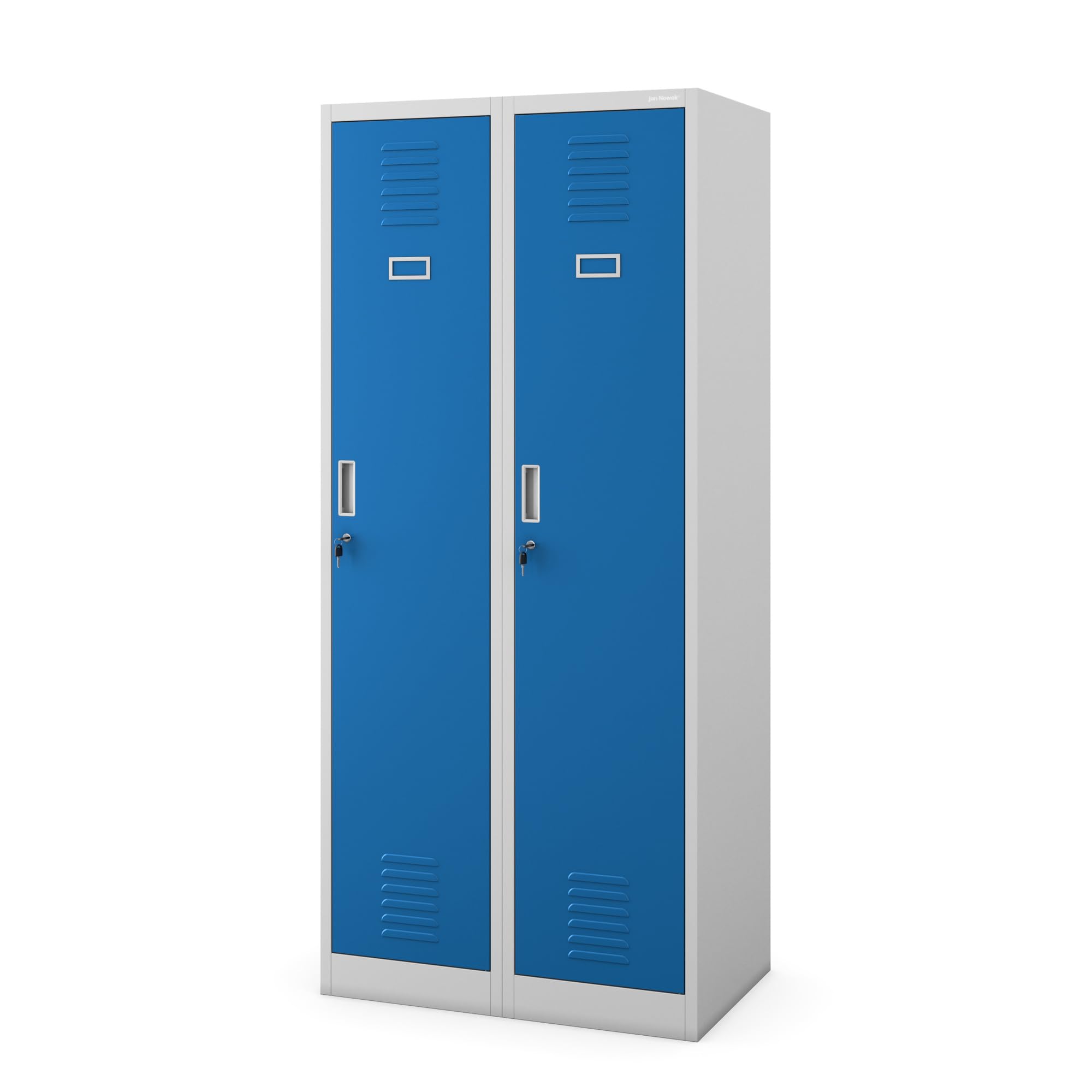 Jan Nowak Spind Schrank, Metallschrank, Kleiderschrank, Schließfachschrank | 2 Abteile mit Kleiderstange, Trennwände, Lüftungsschlitze, 4 Kleiderhaken pro Abteil | 180 cm x 80 cm x 50 cm, Grau-Blau