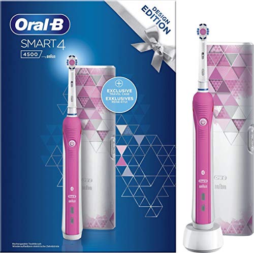 Oral-B Design Edition Smart 4-4500 - Cepillo eléctrico recargable, 1 cepillo rosa conectado con Bluetooth, 1 cabezal, 1 funda de viaje, idea regalo de Navidad